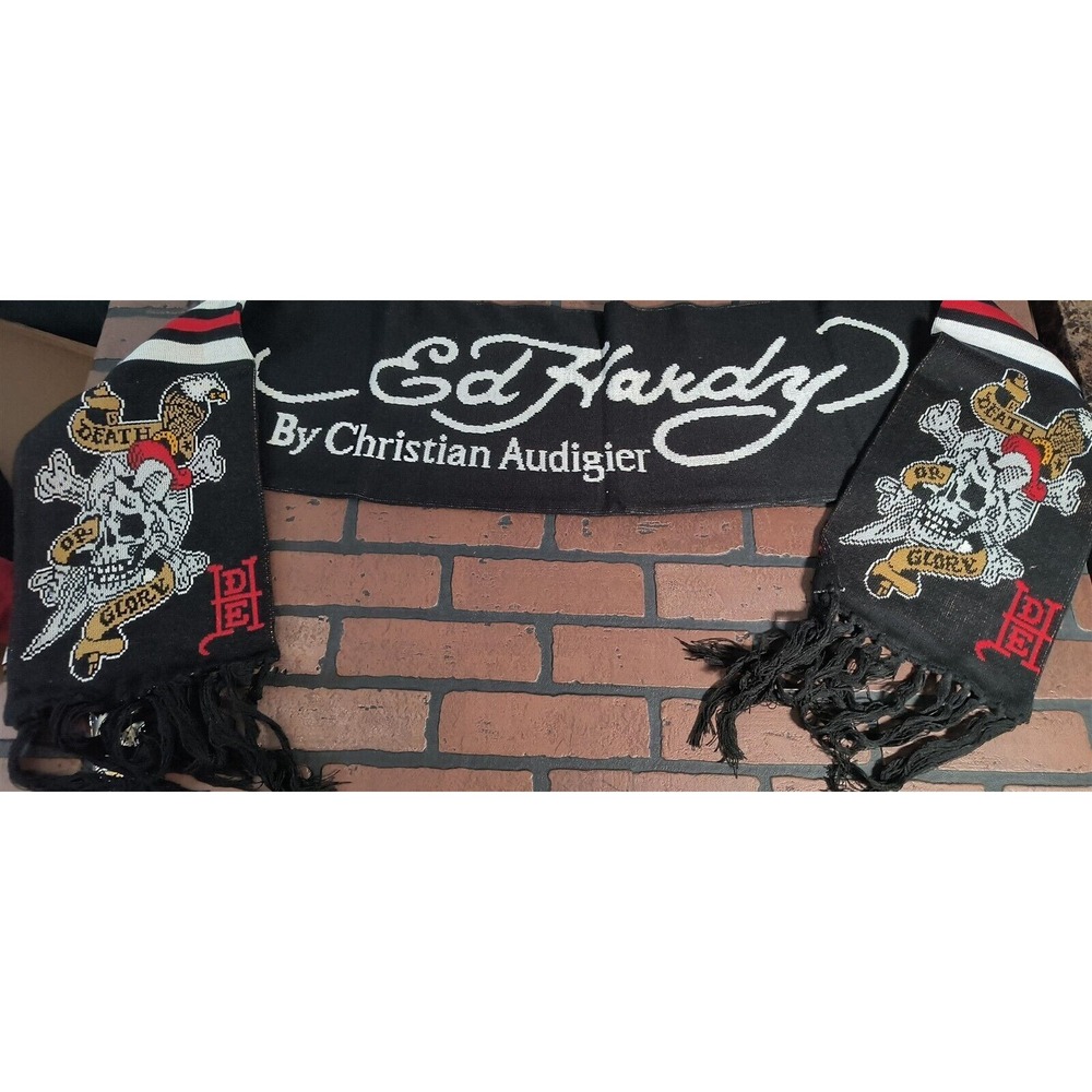 ED HARDY by Christian Audigier-2000s Death Or Glory Vtg Black Scarf~NEVER WORN~‎